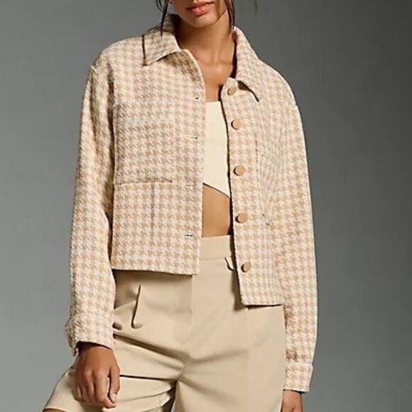 Anthropologie Dolan Tan White Houndstooth Knit Boxy Crop Jacket - Picture 1 of 16